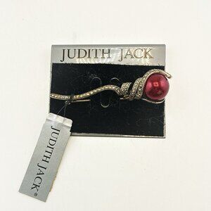 Judith Jack Brooch Sterling Silver Marcasite Pin Red Imitation Pearl $110 Deco